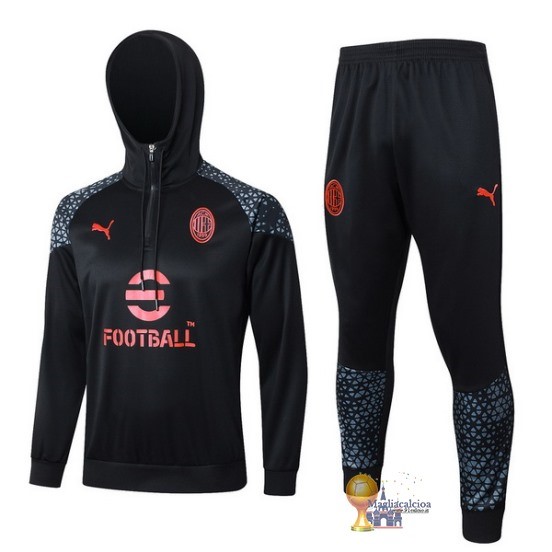 Set Completo Felpa Cappuccio AC Milan 2023 2024 Nero Rosso