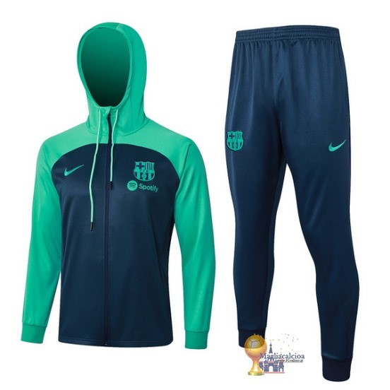 Set Completo Felpa Cappuccio Bambino Barcelona 2023 2024 Verde I Blu