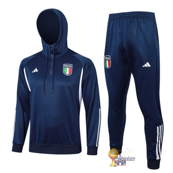 Set Completo Felpa Cappuccio Italia 2023 Blu Navy Bianco